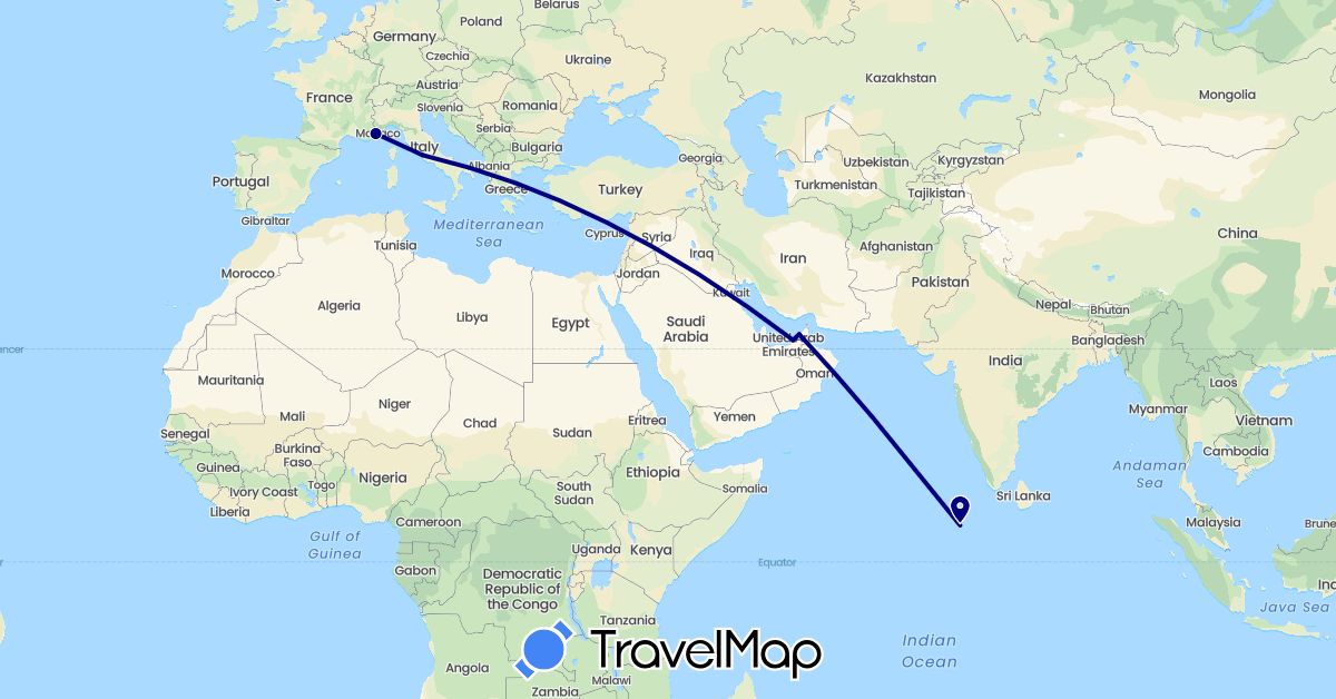 TravelMap itinerary: driving in United Arab Emirates, France, Italy, Maldives (Asia, Europe)